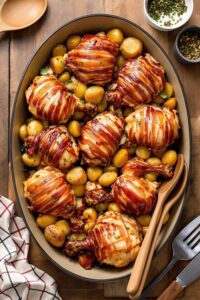 bacon wrapped chicken and potatoes